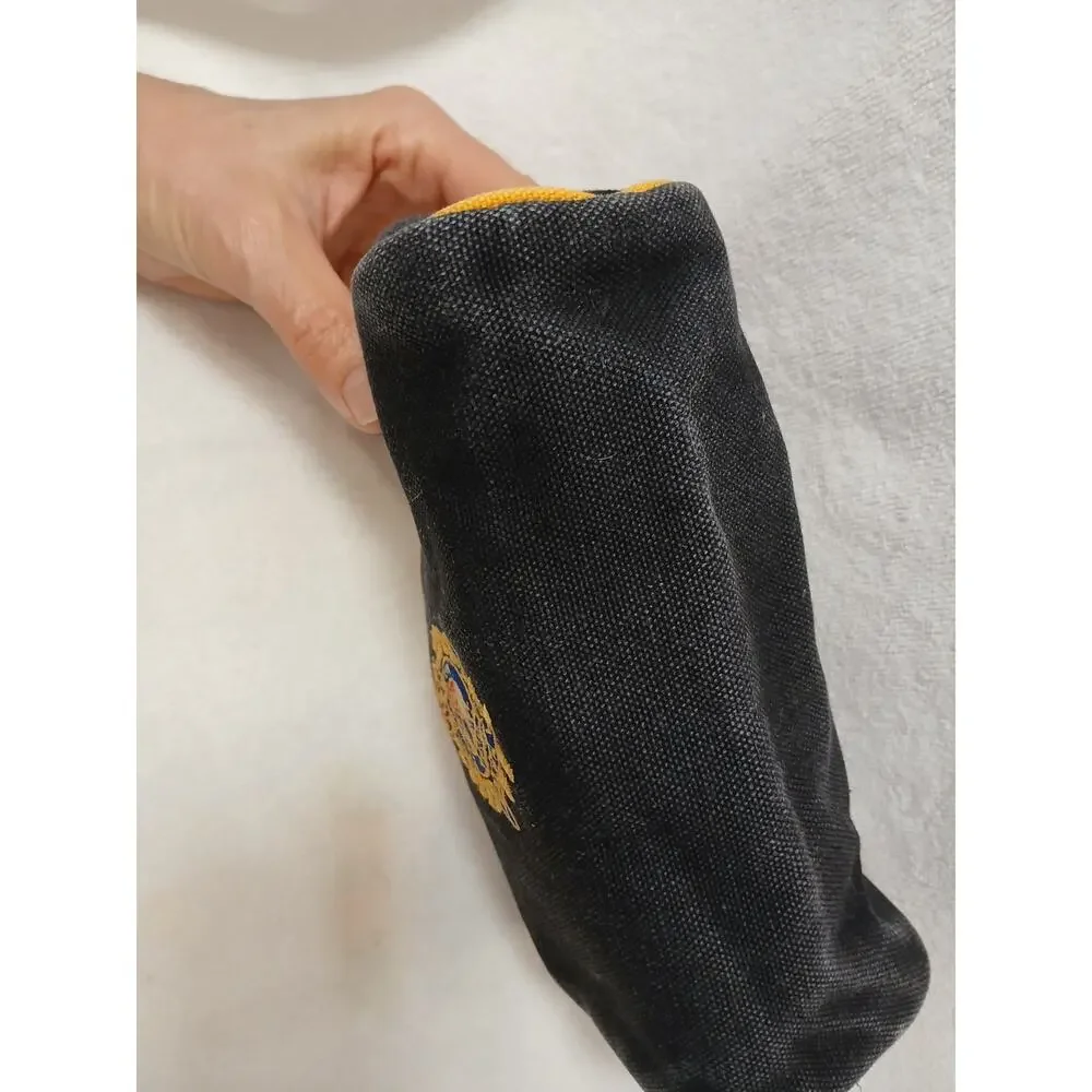 Vintage Ralph Lauren Zip Clutch Cosmetic Bag Gold Crest 7” Black Gold Embroidery